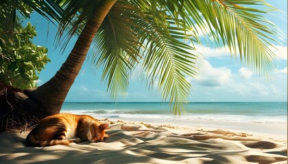 Tropical beach scene featuring a sleeping cat under a palm tree, embodying the essence of summer vacation and serene relaxation