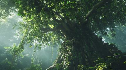 Wall Mural - A towering Amazon rainforest tree with vines and epiphytes clinging to its trunk, illustrating the complex ecosystem 