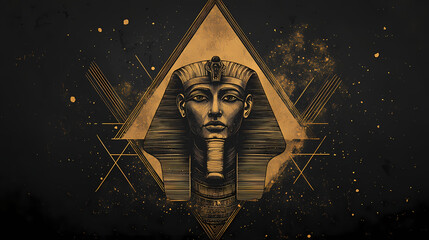 Wall Mural - Drawing of a mystical sphinx with a human face, frame, tattoo, paper, minimalist, sand, black background, gold, geometric. Sphinx. Illustration