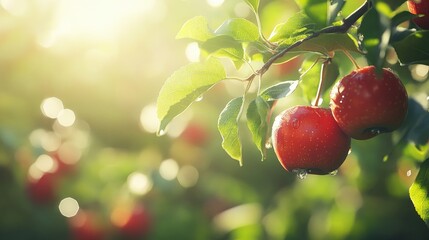 Red Apples Hanging from Tree Branch with Green Leaves and Dew Drops, Summertime Fruit Harvest