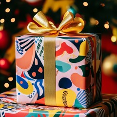 Poster - A beautifully wrapped gift with vibrant patterns and a gold ribbon, set against a festive backdrop.