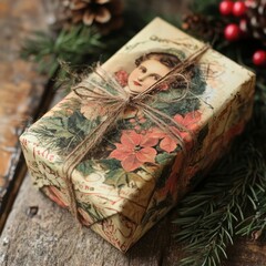 Wall Mural - A beautifully wrapped gift with vintage floral design and twine, set against a rustic background.