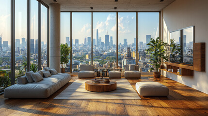 Canvas Print - A modern living room with a stunning city view.