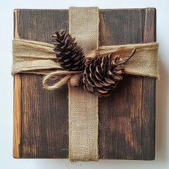 Sticker - A beautifully wrapped wooden gift box adorned with pinecones and burlap ribbon.