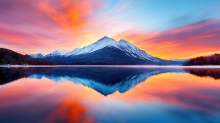 Canvas Print - A majestic mountain range reflecting the fiery colors of the setting sun in a tranquil lake, the sky ablaze with a breathtaking palette of orange, pink, and purple.