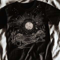 Wall Mural - A black t-shirt featuring a cosmic landscape with a large moon and starry sky.