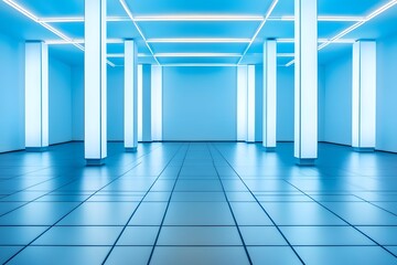 a grid of glowing blue lines on a dark background, an empty room, an empty floor, and empty walls 