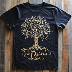 A black t-shirt featuring a golden tree design with intricate branches and leaves.