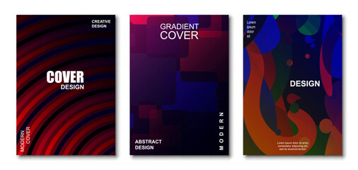 Poster - Modern gradient cover background design set. Brochure cover cards. Vibrant 3d geometric shapes compositions. Banner, cover, card, wallpaper, decoration, poster, brochure, leaflet. Template A4 size