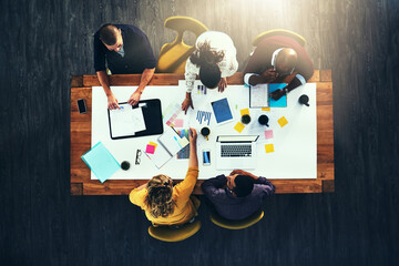 Poster - Above, paperwork or designers in meeting for color choice, teamwork and brainstorming in startup. Creative, group and strategy with laptop, people or graphs with documents, budget report or feedback