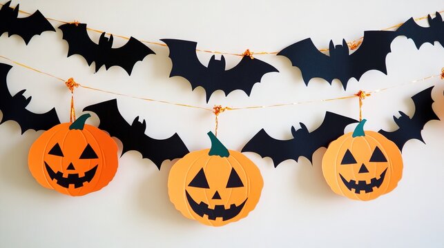 Garland featuring classic Halloween symbols like bats and pumpkins.