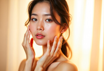 Wall Mural - Beautiful Asian woman healthy skin care beauty face portrait female model natural make up cosmetic wellness spa treatment facial skincare person face care lady touching shoulder