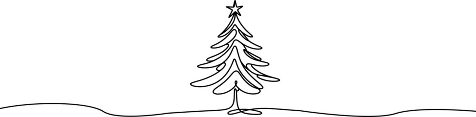 Wall Mural - Christmas tree one line drawing.Merry Christmas decoration continuous line.Continuous line drawing of christmas tree with a star.	