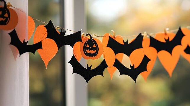 Garland featuring classic Halloween symbols like bats and pumpkins.