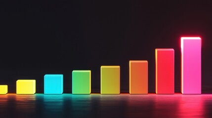 Poster - A bar chart made of glowing, floating cubes, with one bar highlighted in bright colors standing above the rest, performance comparison in benchmarking