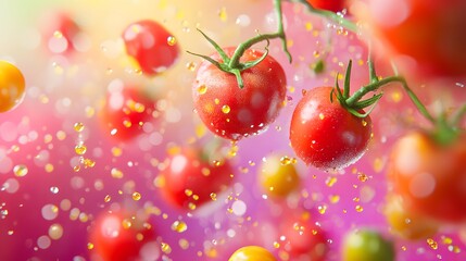 Fresh tomatoes with water droplets on a colorful background.