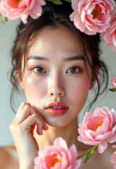 Sticker - Beautiful Asian Woman Pink Flowers Floral Beauty Skincare Wellness Natural Cosmetics Portrait Close Up