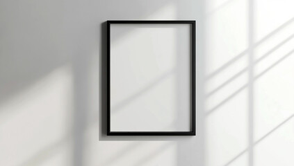 black frame mockup hanging on a white wall. Realistic black picture or poster in a thin wooden frame with shadows and reflections