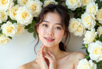 Wall Mural - Beautiful Asian Woman with Glowing Skin Surrounded by White Roses Skincare Beauty and Wellness Concept