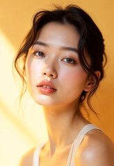 Sticker - Beautiful Asian woman glowing skin healthy skin cosmetic concept beauty face portrait skincare model girl perfect skin tone posing on yellow background with sunshine shadow