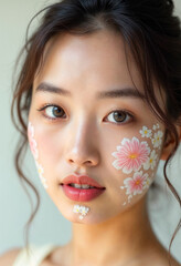 Sticker - Beautiful Asian Woman with Flower Makeup Spring Beauty Concept