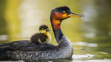 Mother duck with duckling in pond