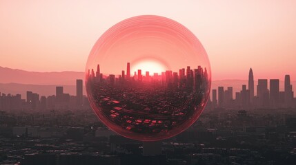 Wall Mural - A city skyline at dawn with a giant glowing globe above it, inside the globe are multiple holographic workspaces, the global nature of hybrid work connecting people from everywhere