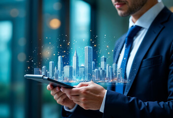 Poster - Businessman using tablet with smart city hologram innovation digital technology and internet of things concept on blurred background