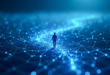Fototapete - Businessman walking on digital data network connections technology abstract background futuristic innovation digital transformation internet of things concept