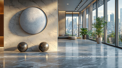 Sticker - Modern interior design with marble floors and walls, large windows overlooking a city skyline.