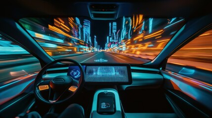 Interior View of a Car Driving Through a City at Night