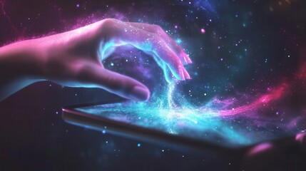 Wall Mural - womans hand emerging from tablet reaching into digital realm of infinite possibilities