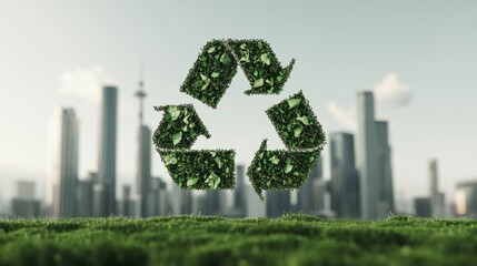 Poster - A company logo made out of recycling symbols and renewable energy icons, floating above a clean, green cityscape. Concept of eco-friendly corporate branding