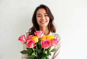 Wall Mural - Beautiful Woman Holding Bouquet Pink Yellow Roses Flowers Smiling Happy Valentines Day Birthday Gift Anniversary Present Romance Love Floral White Background