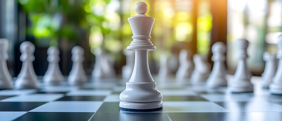 Poster - strategic chess game pieces on a wooden game board with natural sunlight and shadows showcasing the 