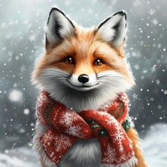 Wall Mural - A cheerful fox wearing a festive scarf in a snowy landscape.