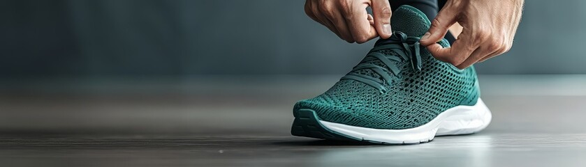 A close-up of a person tying a green athletic shoe, highlighting fitness and preparation for an active lifestyle.