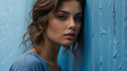 Beautiful female model peeking behind blue wall