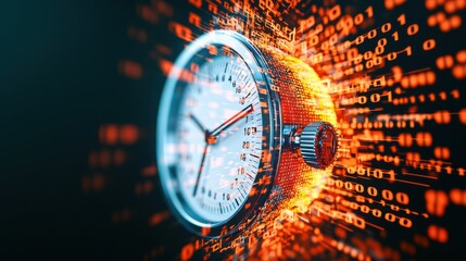 Poster - a digital stopwatch in the center of the image, with abstract data and numbers swirling around it, r