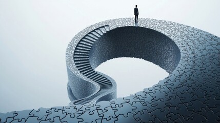 Wall Mural - a dynamic spiral staircase made of puzzle pieces, each piece representing a different profession or 