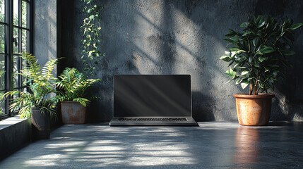 Poster - Laptop on a desk with plants in an industrial setting.