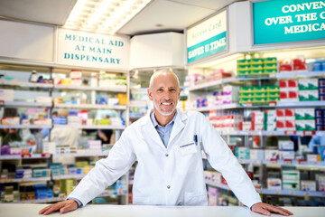 Wall Mural - Pharmacy, man and happy with portrait at counter for customer service, medication and prescription. Smile, mature pharmacist and medical worker at dispensary for pharmaceutical, supply or healthcare