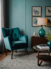 Simple room with teal tones, two modern armchairs, and a side table with a lamp.