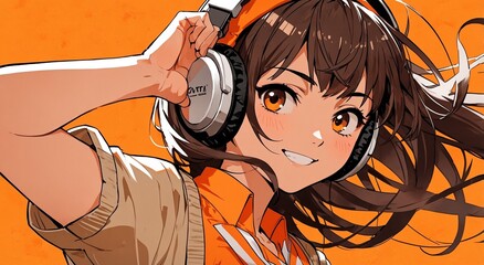 Wall Mural - Joyful anime girl with headphones on an orange background. Desktop wallpaper.