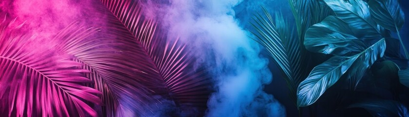 Poster - Tropical Leaves Illuminated by Pink and Blue Smoke