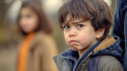 Wall Mural - A kid with a frown, looking away angrily as their parent scolds them.