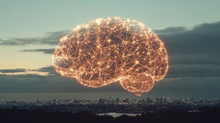 Wall Mural - A giant glowing brain formed from interconnected data points and lines, hovering above a cityscape, the power of data-driven intelligence in decision-making