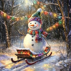 Sticker - A cheerful snowman on a sled, surrounded by snow and festive lights in a winter landscape.