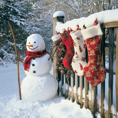 Sticker - A cheerful snowman stands beside a fence adorned with festive stockings in a snowy landscape.