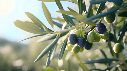 Close-Up of an Olive Tree with Green and Black Olives Hanging Among Silver-Green Leaves Against a Mediterranean Sky